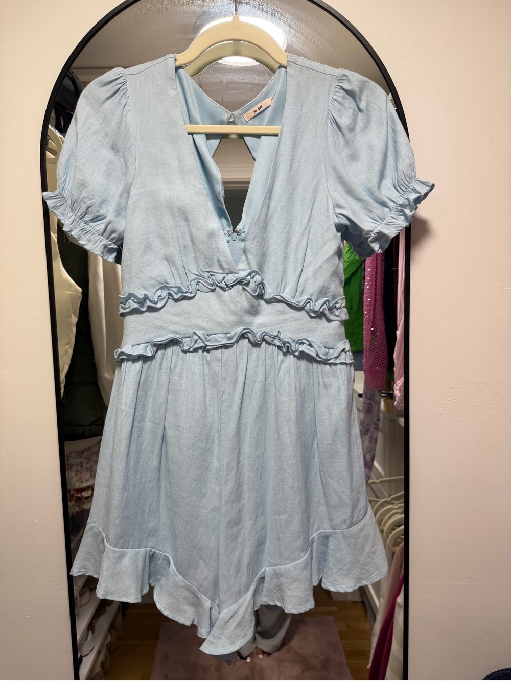 Mi Ami Light Blue Ruffle Romper XS Puff Sleeve Boho